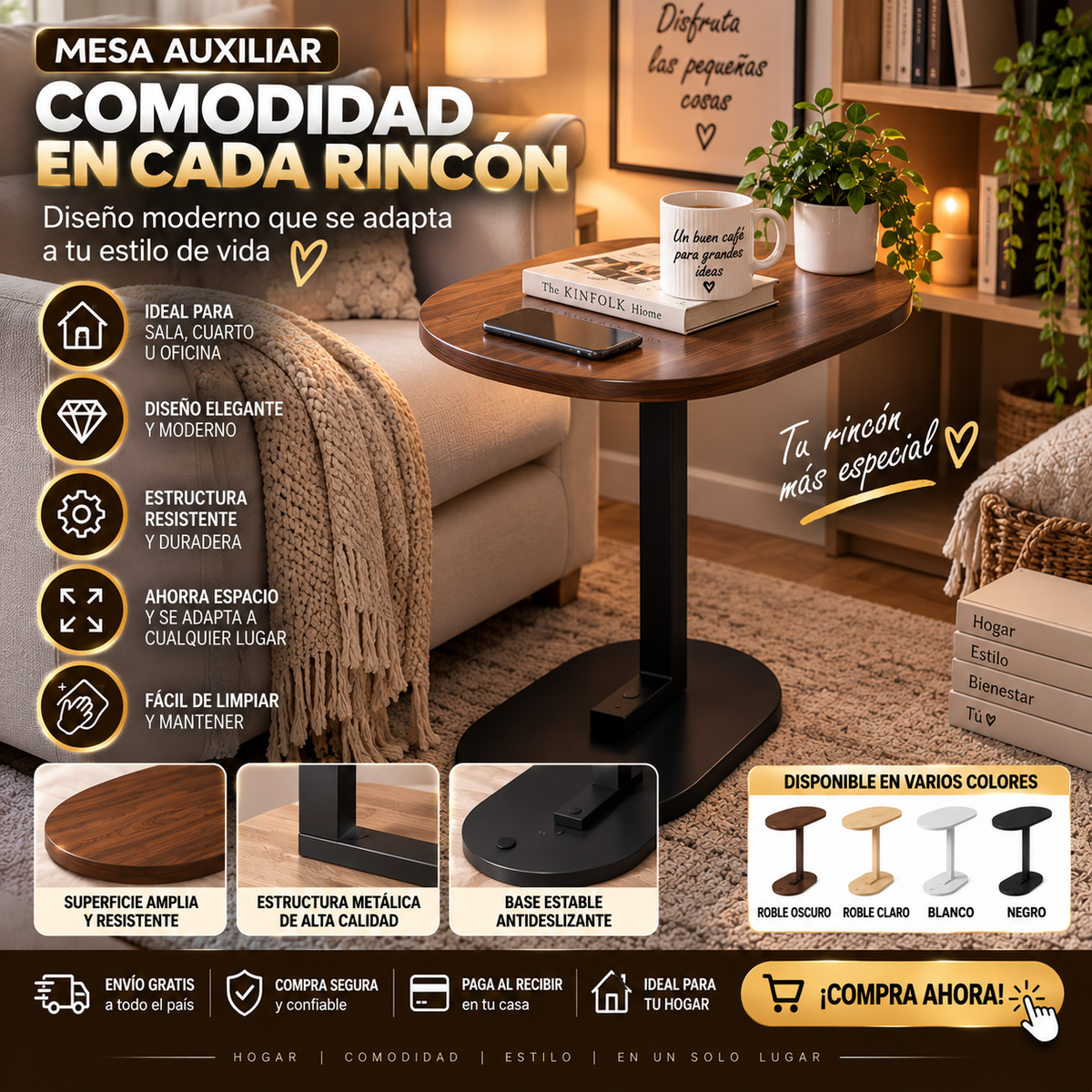 🏡 Mesa Auxiliar Tipo C para Sofá y Cama