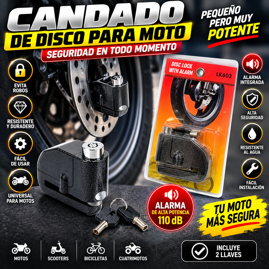 🔐 CANDADO DE DISCO PARA MOTO CON ALARMA 110 dB