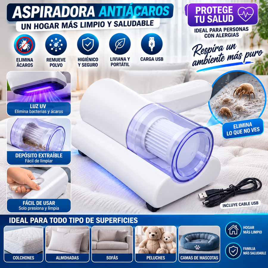 🧹 Aspiradora Antiácaros UV – Limpiador Portátil para Colchones y Hogar
