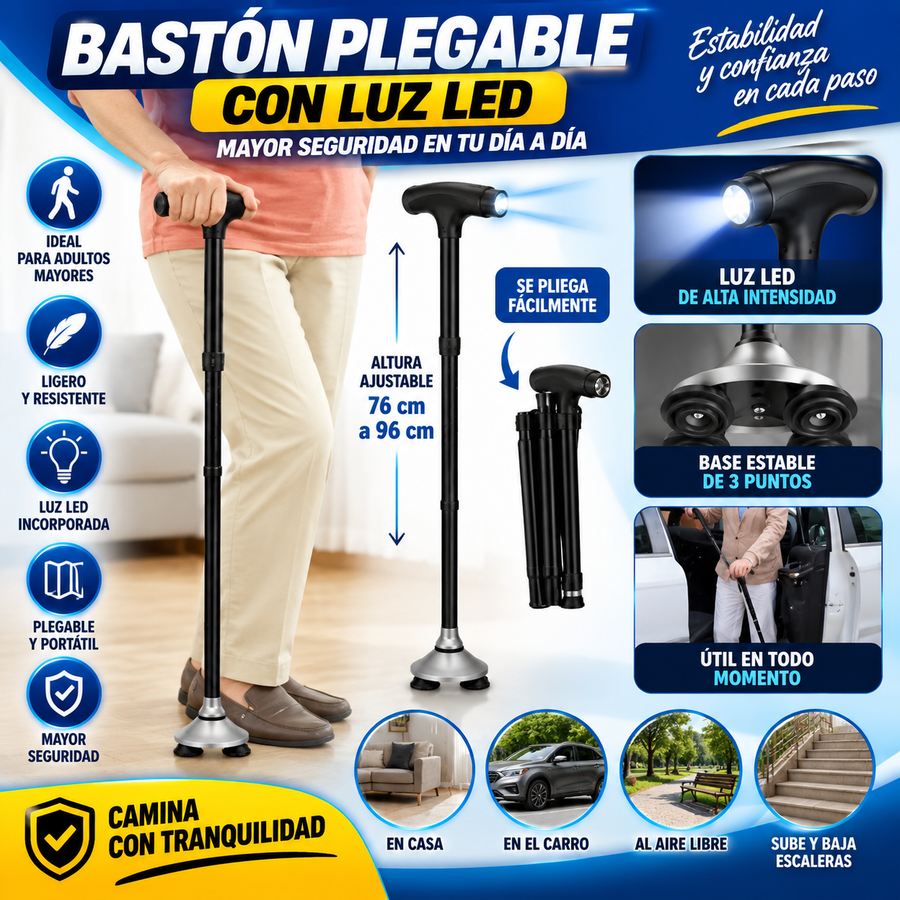 🦯 Bastón Plegable con Luz LED – Altura Ajustable