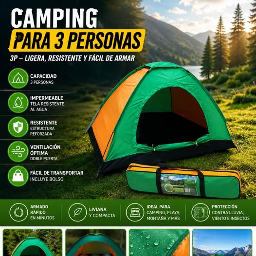 🏕️ CARPA DE CAMPING PARA 3 PERSONAS