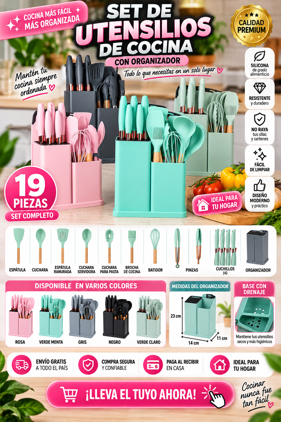 🍳 Set de Utensilios de Cocina 19 Piezas con Organizador