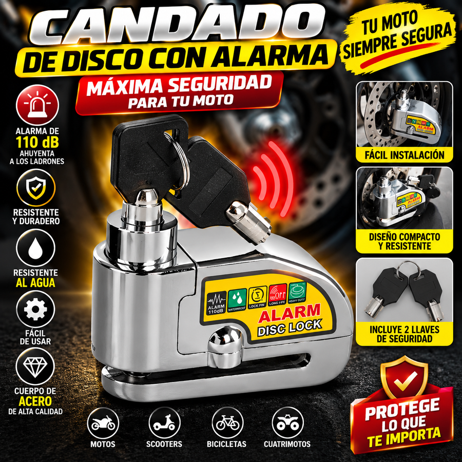 🔐 CANDADO DE DISCO PARA MOTO CON ALARMA